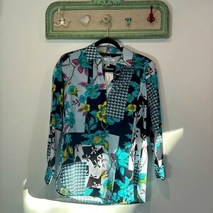 Foxcroft Kylie Patchwork Print Collared Neckline Long Sleeve Blouse Women’s 6